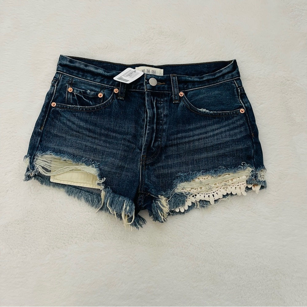 Free People Dark Blue Frayed Jean Shorts